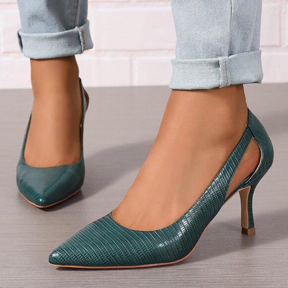 Women's Green Faux Leather Pumps Pointed Closed Toe Kitten Heel Pump Shoes - Picture 3 of 5